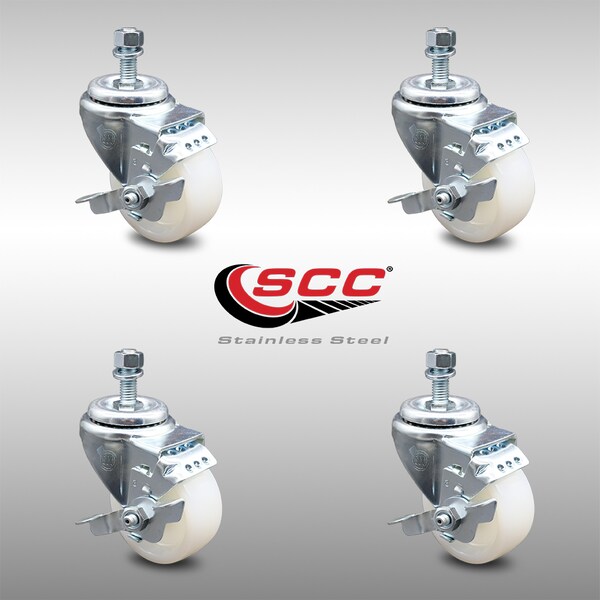 Service Caster 3 Inch SS Nylon Wheel Swivel 10mm Threaded Stem Caster Set Brake SCC SCC-SSTS20S314-NYS-TLB-M1015-4 - main